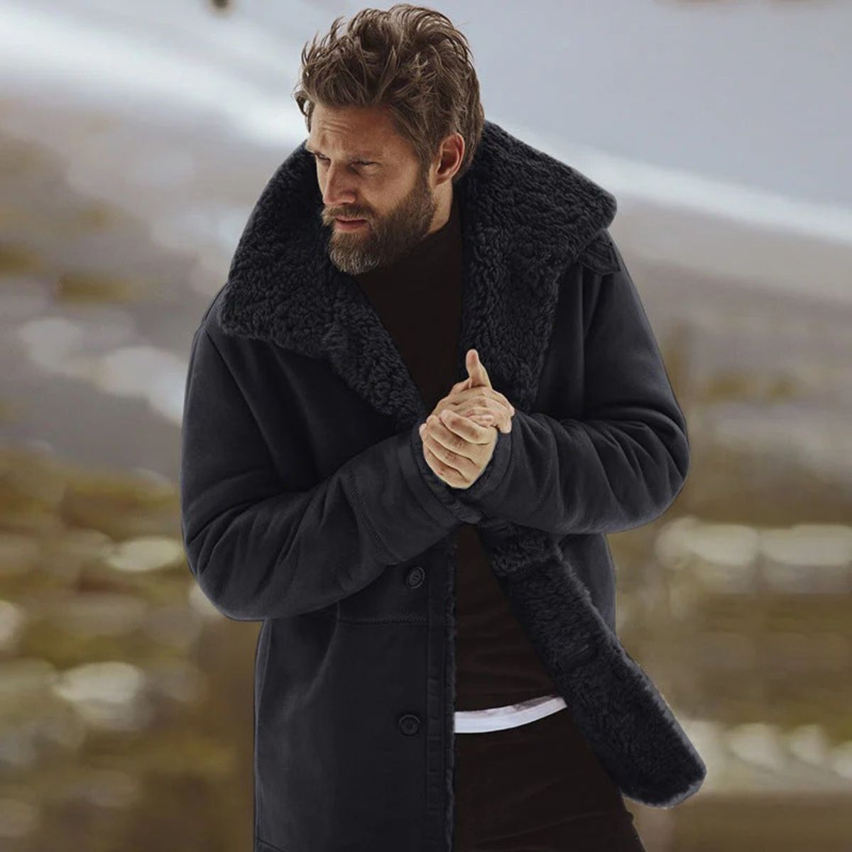 Classic Warm Shearling Overcoat for Men