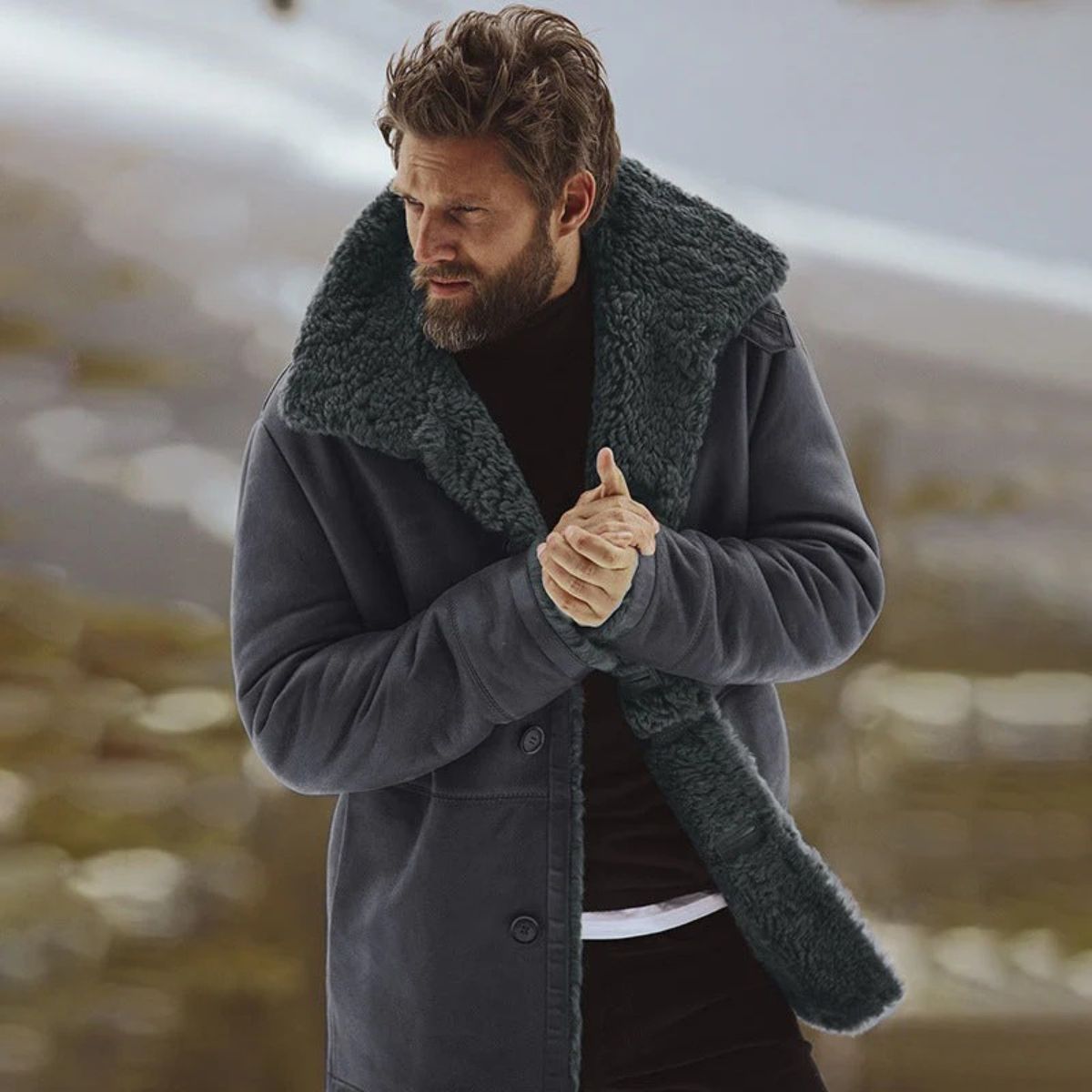 Classic Warm Shearling Overcoat for Men