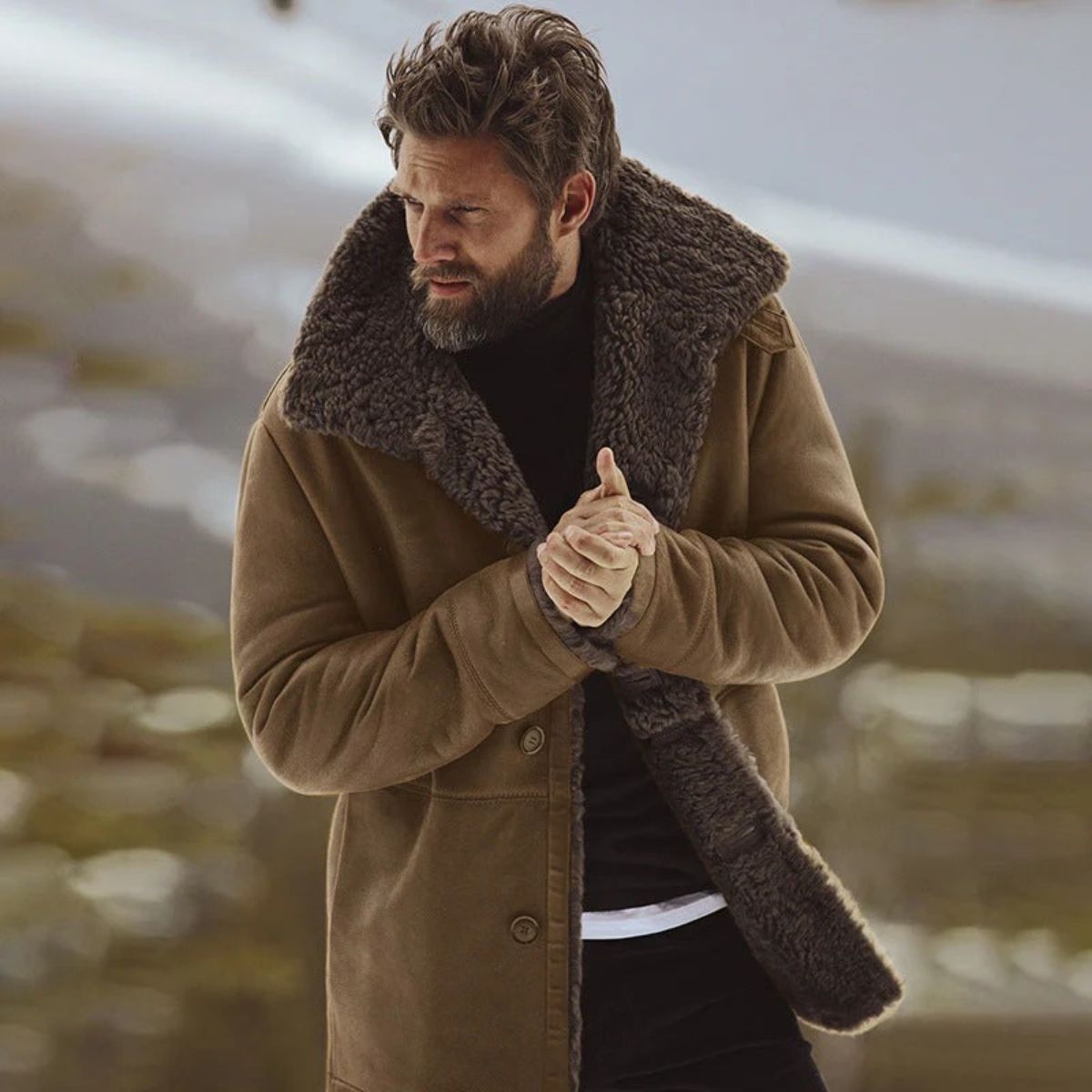 Classic Warm Shearling Overcoat for Men