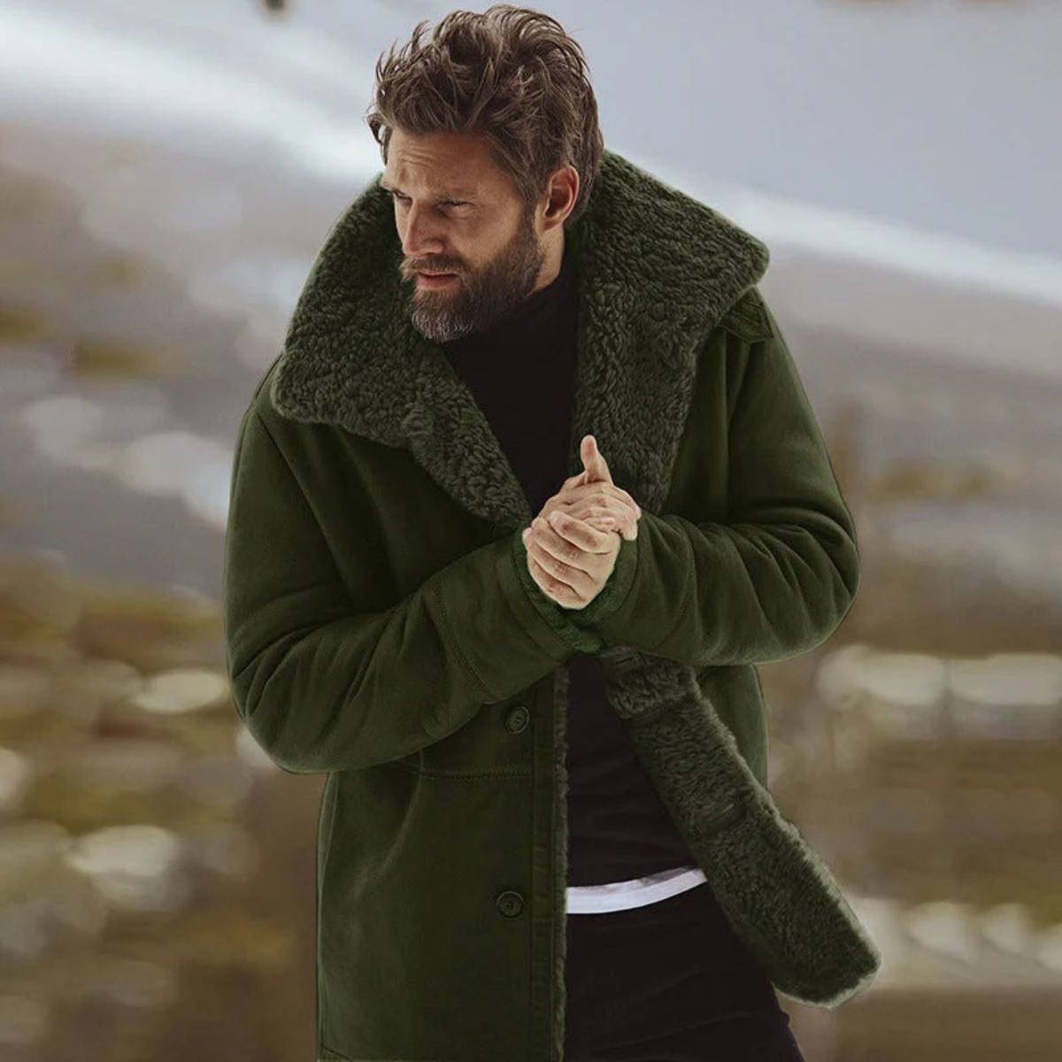 Classic Warm Shearling Overcoat for Men